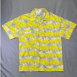 Vintage Tropicana Hawaiian Shirt Men Large Yellow Grey Palm Tree Print Button Up